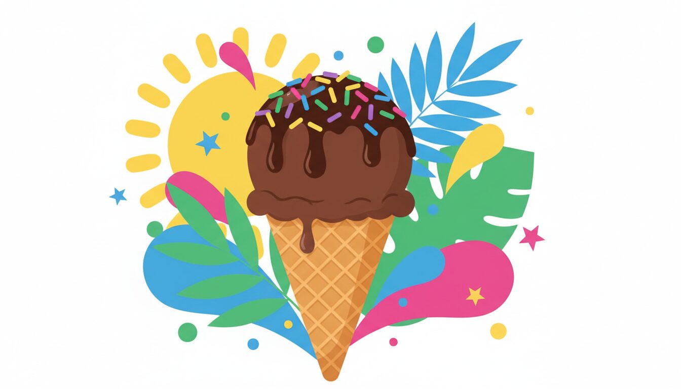 Colorful illustration of chocolate ice cream in a waffle cone with sprinkles and chocolate drizzle
