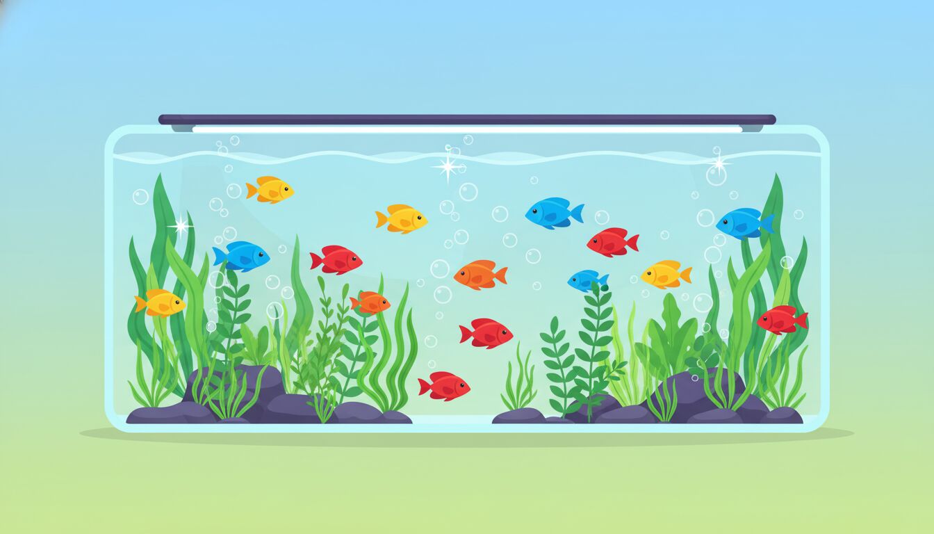 Colorful illustration of a sparkling clean aquarium with tropical fish