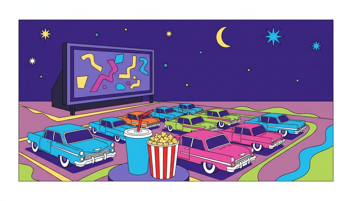Colorful illustration of a retro drive-in movie theater at night with cars and a big screen