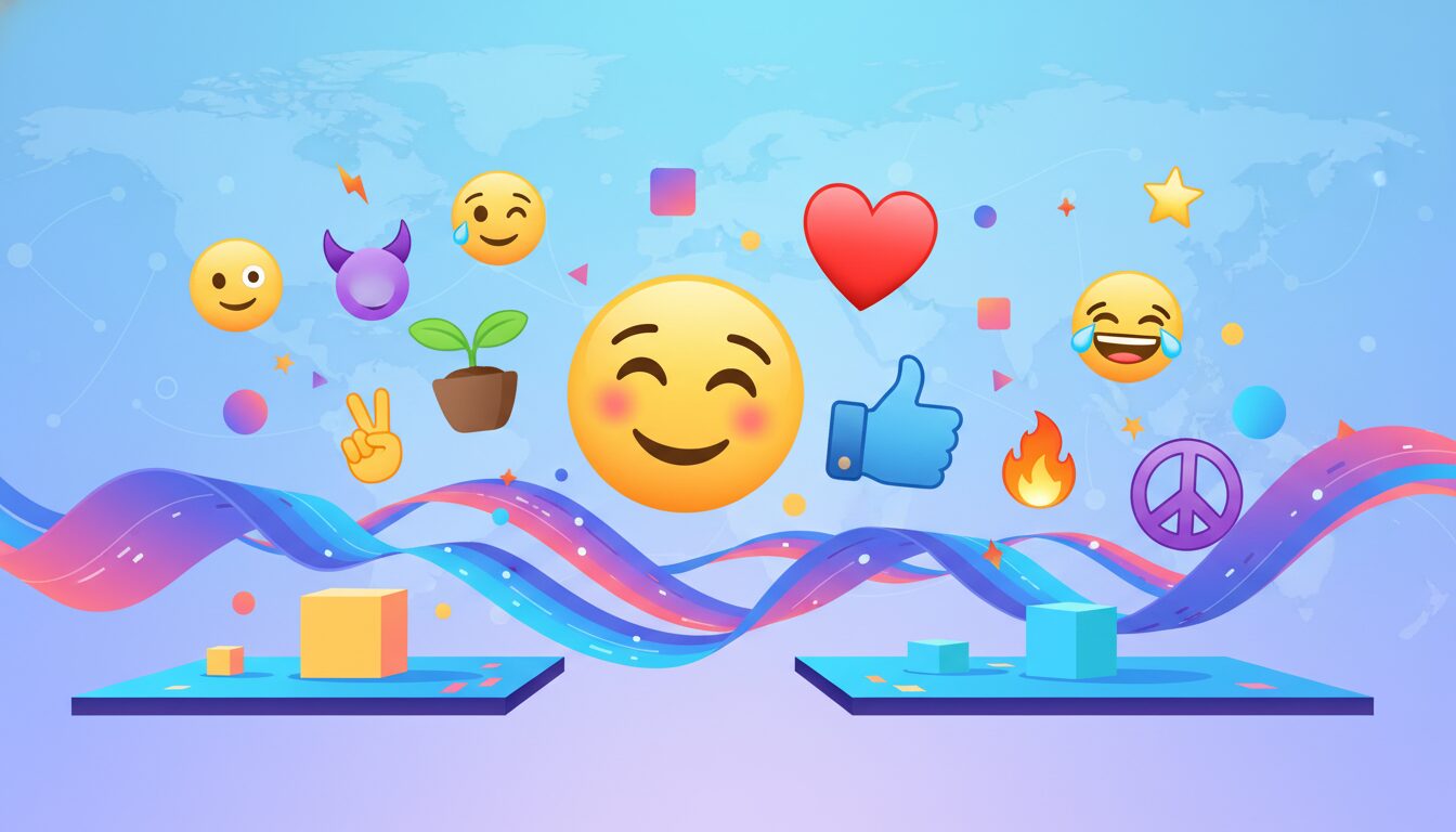 Colorful illustration of popular emoji faces and symbols floating in a digital landscape for World Emoji Day