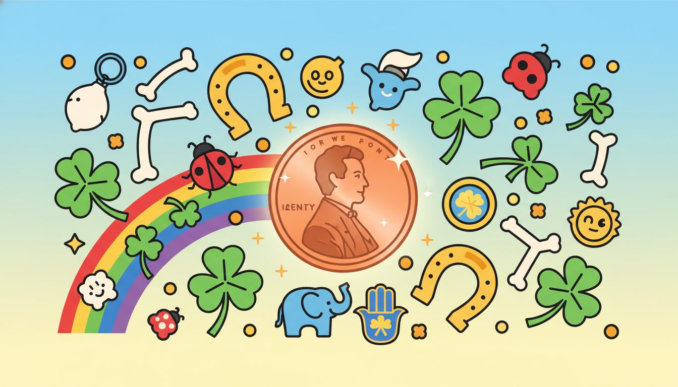 Lucky Penny Day illustration with shining coins, clovers, and good luck charms