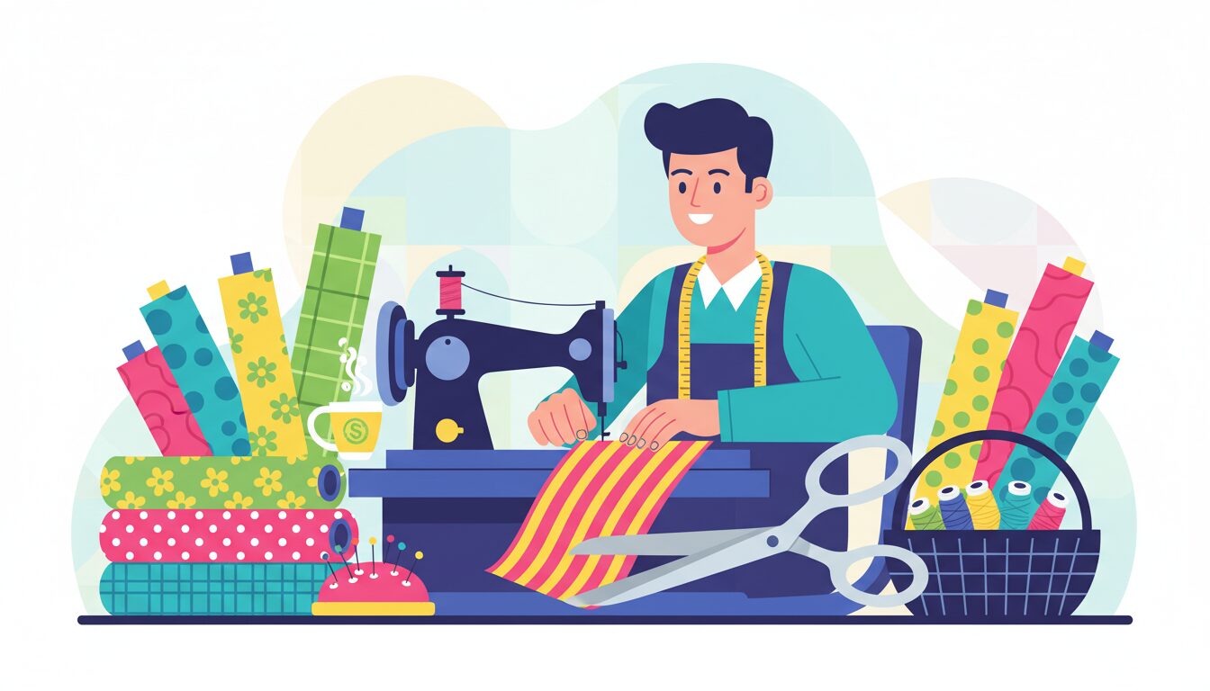 Colorful illustration of a tailor at work with measuring tape and fabric for National Tailors Day