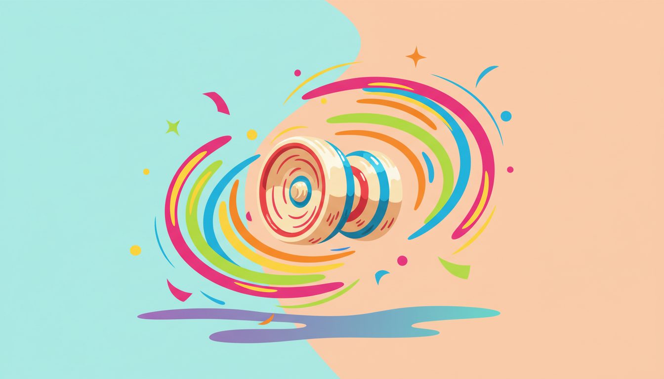 Colorful illustration of yo-yo tricks and vintage toys for National Yo-Yo Day