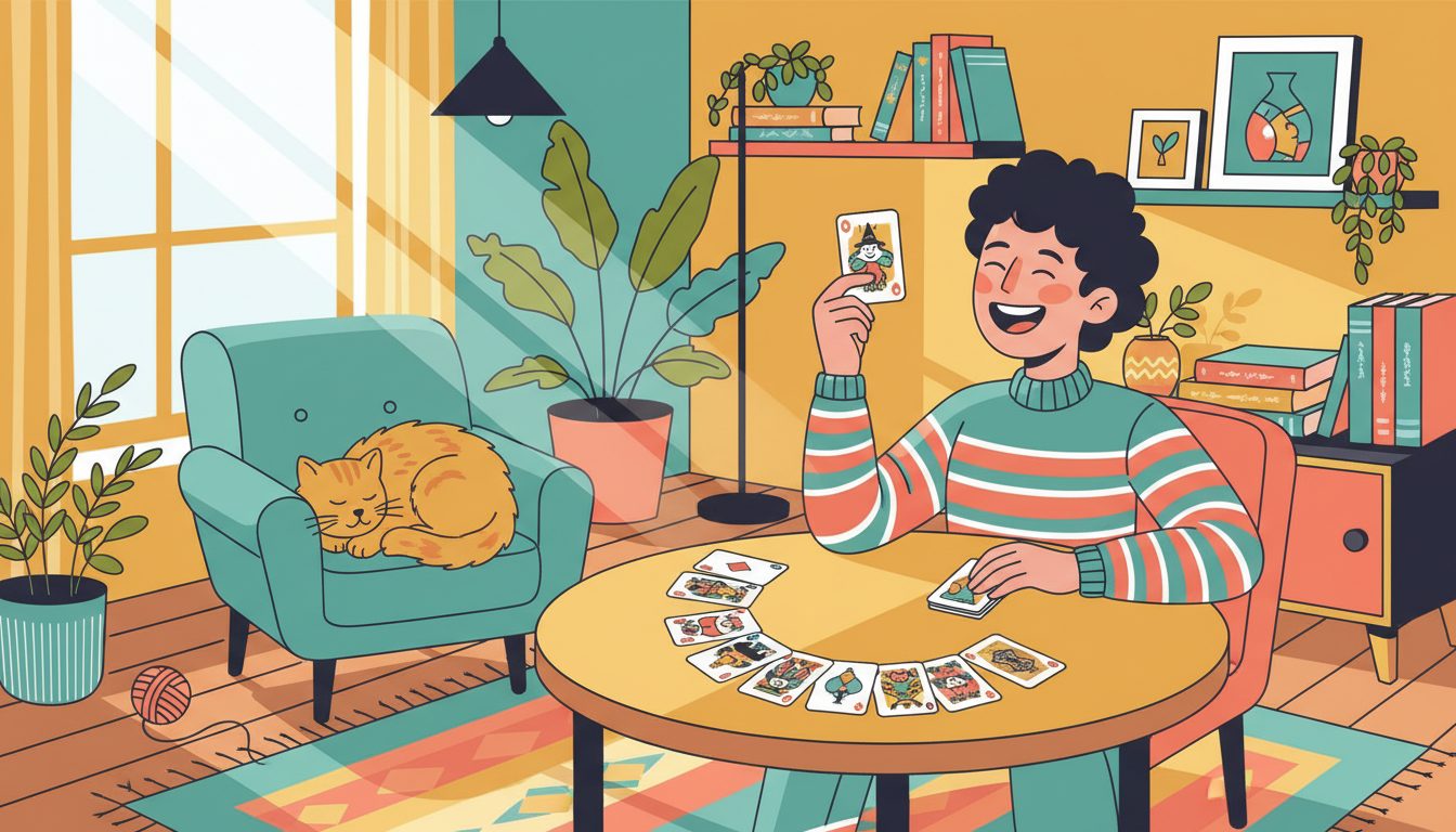 Colorful illustration of a person celebrating independence and playing cards for Old Maids Day