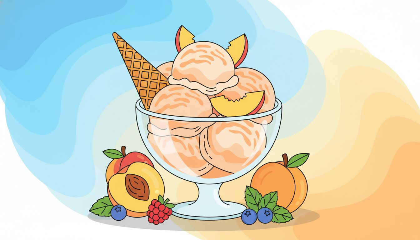 Colorful illustration of peach ice cream with fresh peach slices in a summer dessert scene for National Peach Ice Cream Day