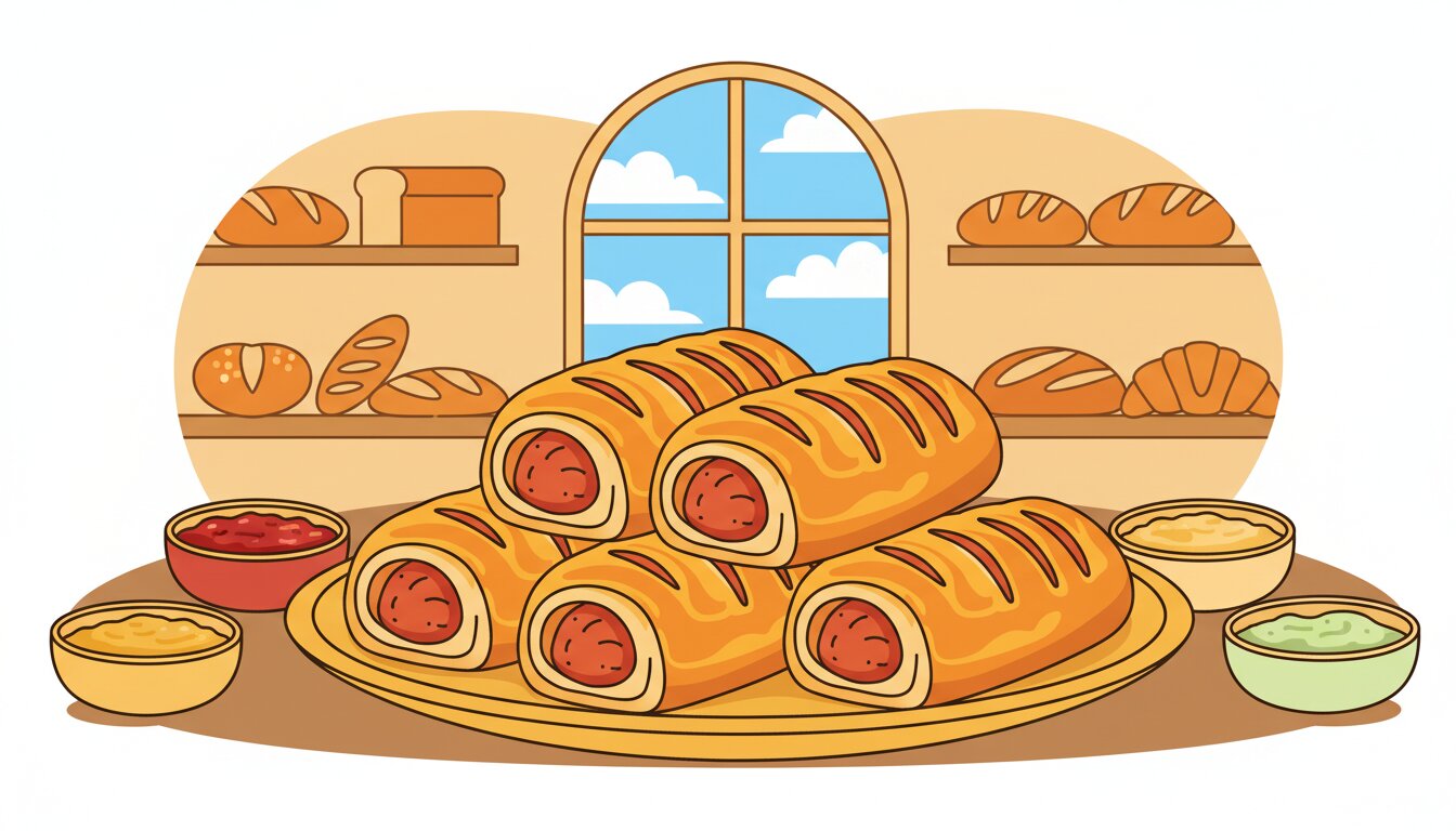 Colorful illustration of golden sausage rolls on a plate with dipping sauces