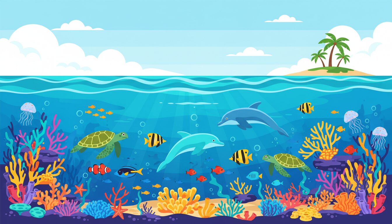 Colorful illustration of ocean waves with coral reef, sea turtles, and marine life